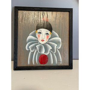 Hand Painted Crying Clown On Wood W/Wooden Frame Length 12.75  Inches